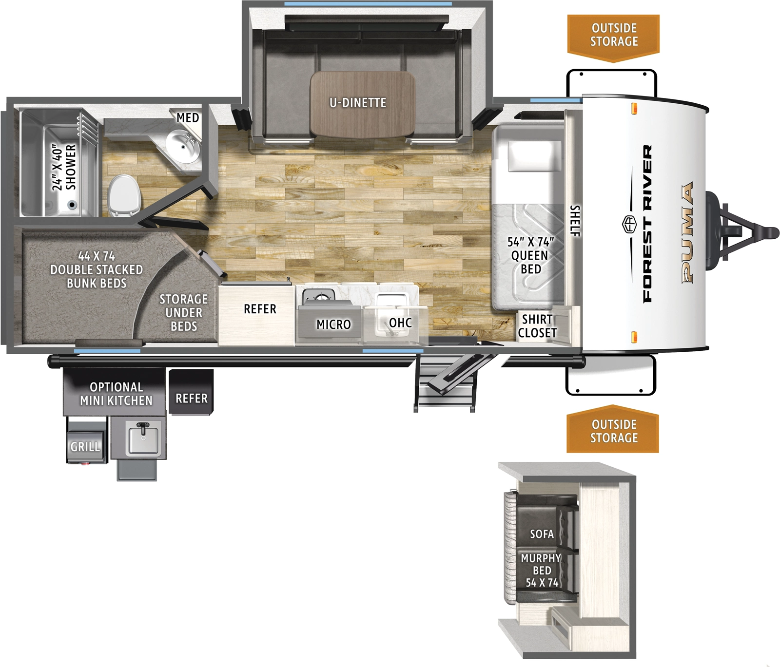 The Puma Camping Edition 18BHCE floorplan has one entry and one slide out. Exterior features include: metal exterior, 10' awning and outside kitchen. Interiors features include: bunk beds, u-dinette, front bedroom and murphy bed.